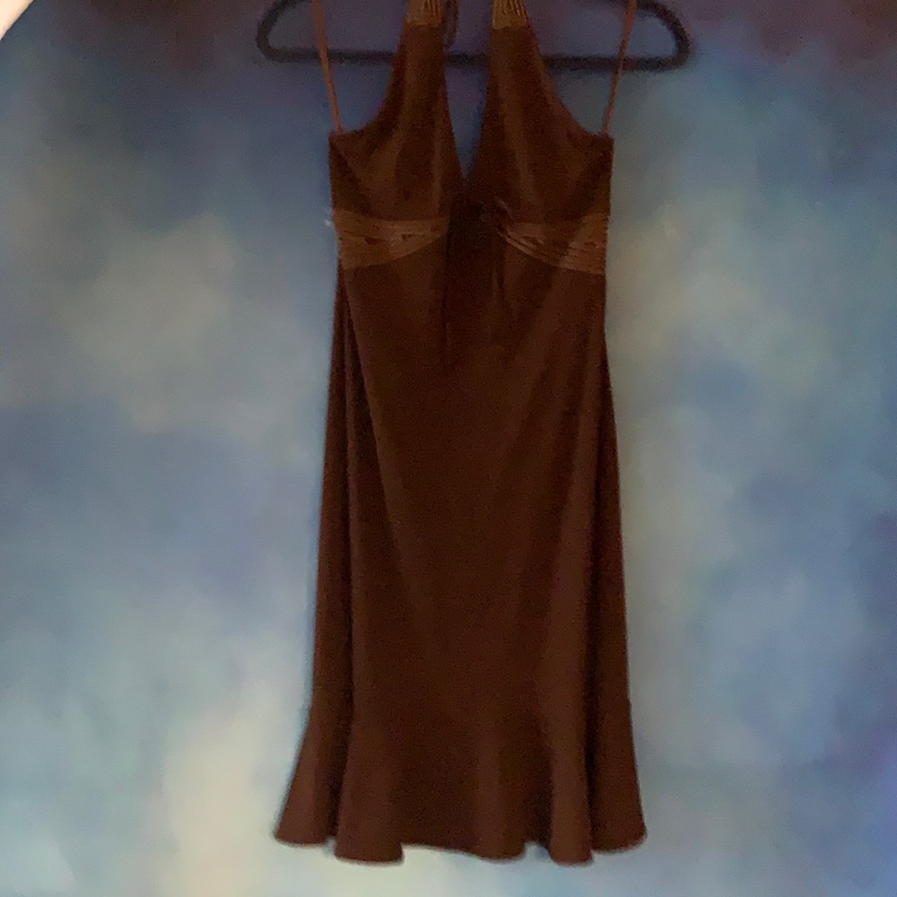 BCBGMaxAzria brown halter dress with beige stitching and ruffle. XS petite.